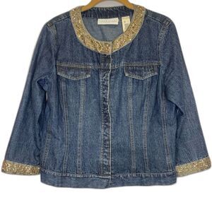 First Issue Womens Jean Jacket Sequined Trim Collar Cuffs Hidden Snaps Large